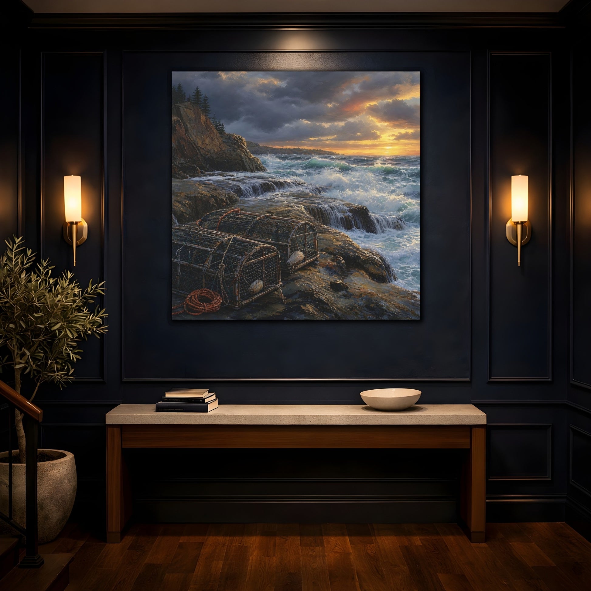 Mockup 4. Nature Coastal Landscape Ocean Sunset shown as stretched canvas wall art