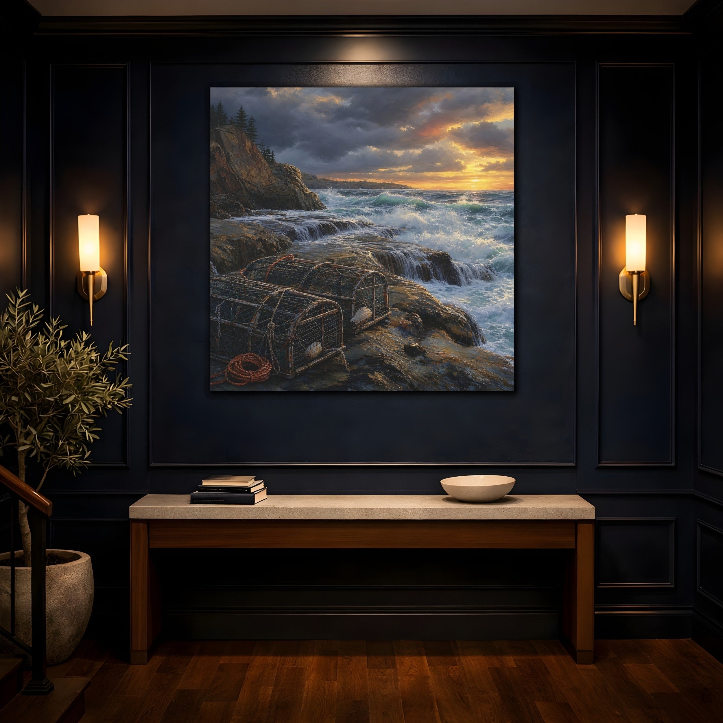 Mockup 4. Nature Coastal Landscape Ocean Sunset shown as stretched canvas wall art