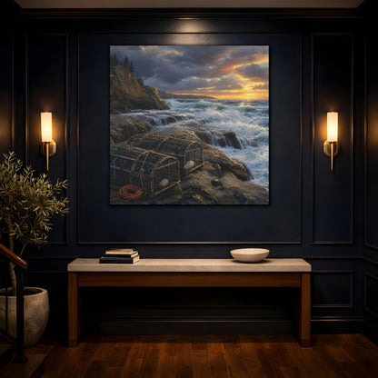 Mockup 4. Nature Coastal Landscape Ocean Sunset shown as stretched canvas wall art