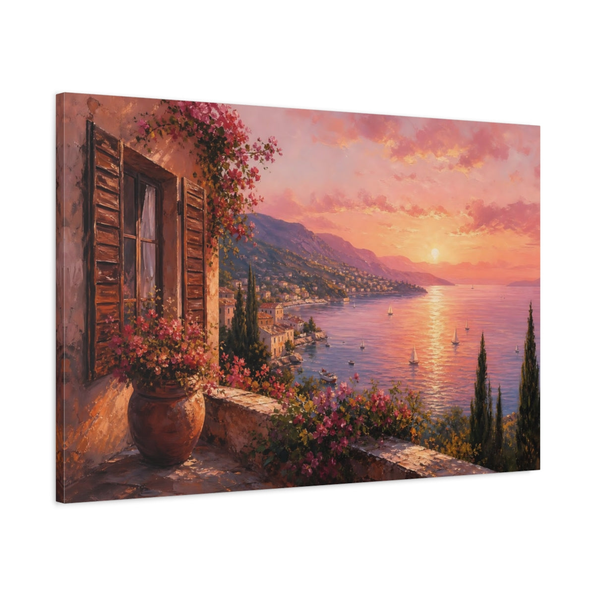 Main Mockup. Nature Coastal Landscape Pink Mediterranean Sunset shown as stretched canvas wall art