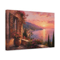 Side Mockup 4. Nature Coastal Landscape Pink Mediterranean Sunset shown as stretched canvas wall art