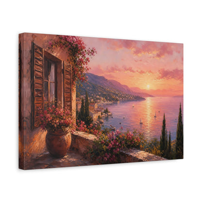 Side Mockup 4. Nature Coastal Landscape Pink Mediterranean Sunset shown as stretched canvas wall art