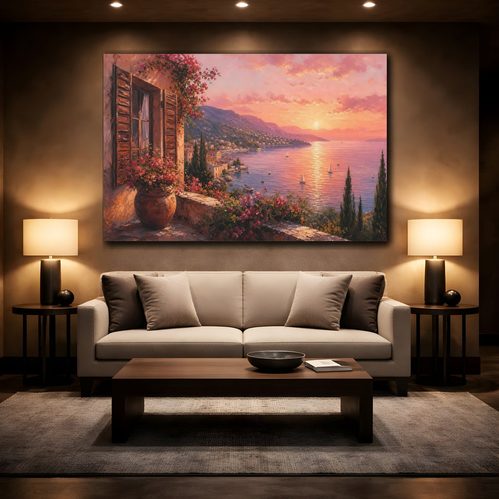 Mockup 2. Nature Coastal Landscape Pink Mediterranean Sunset shown as stretched canvas wall art