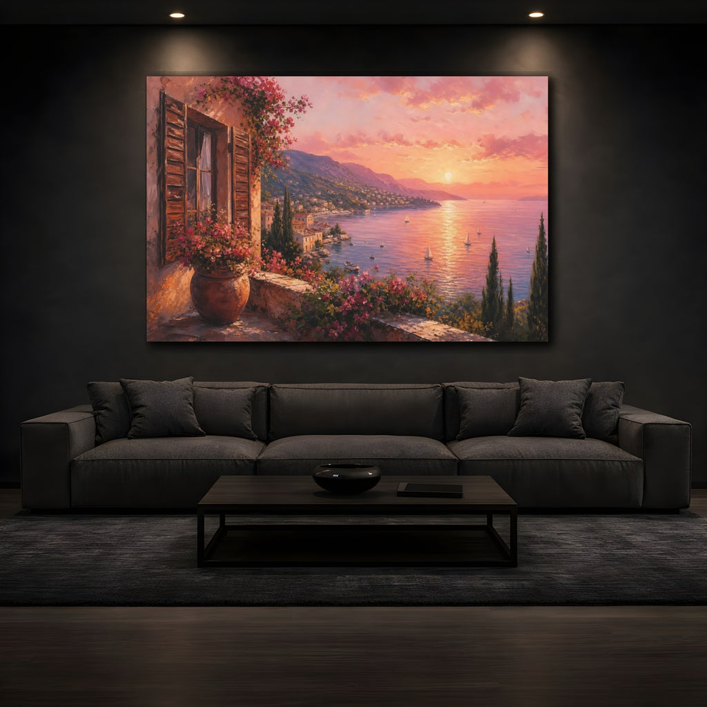 Mockup 3. Nature Coastal Landscape Pink Mediterranean Sunset shown as stretched canvas wall art