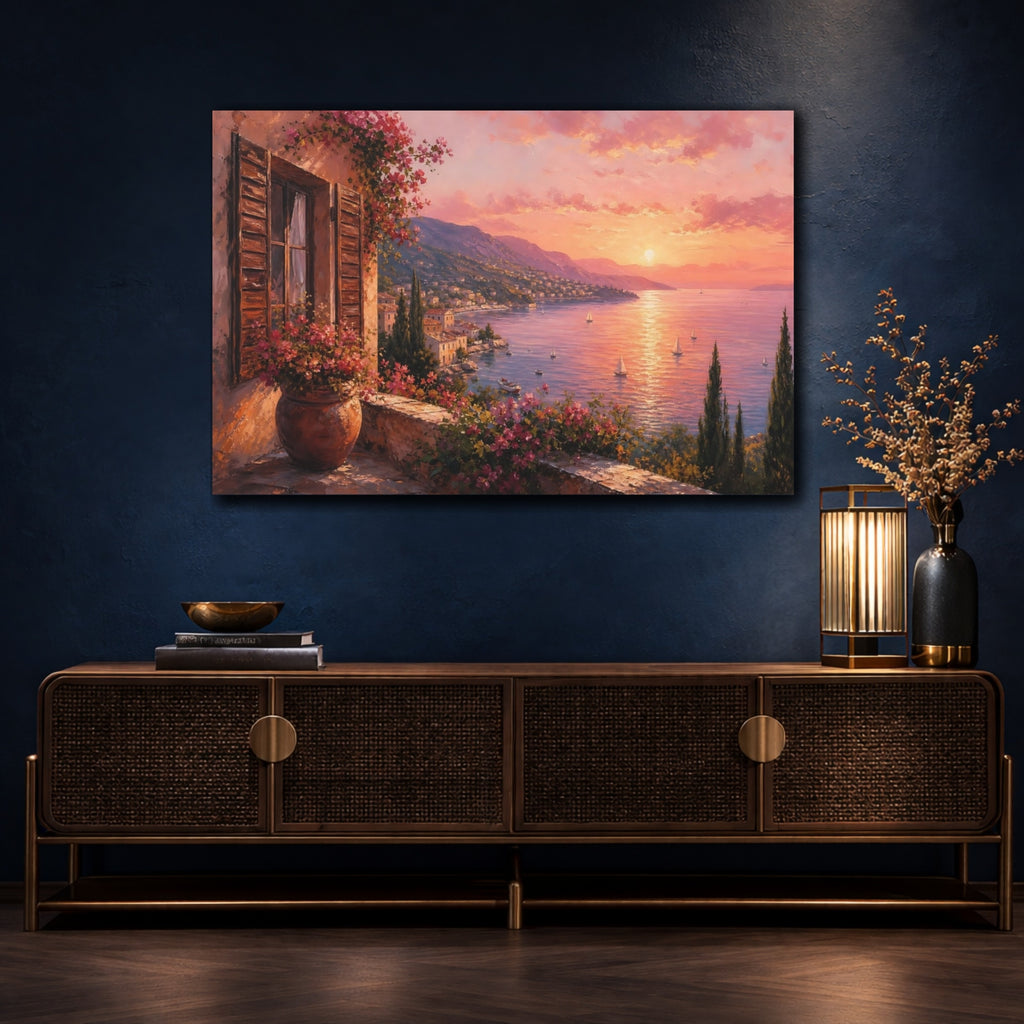 Mockup 4. Nature Coastal Landscape Pink Mediterranean Sunset shown as stretched canvas wall art