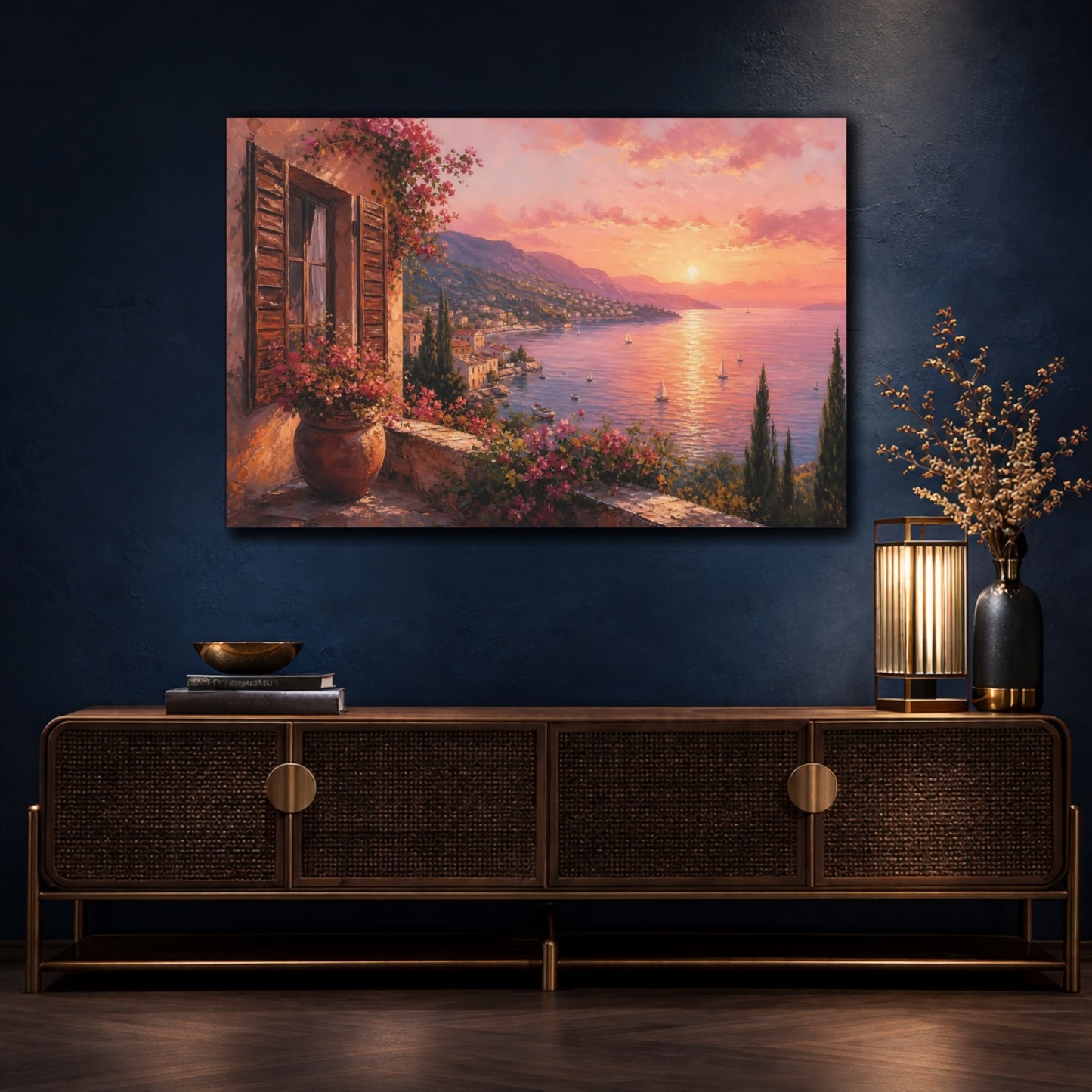 Mockup 4. Nature Coastal Landscape Pink Mediterranean Sunset shown as stretched canvas wall art