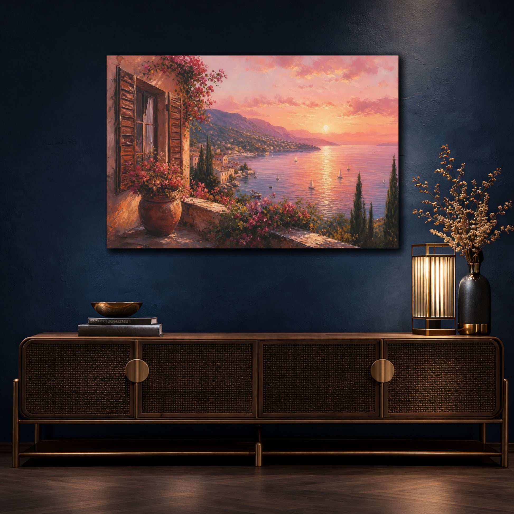 Mockup 4. Nature Coastal Landscape Pink Mediterranean Sunset shown as stretched canvas wall art