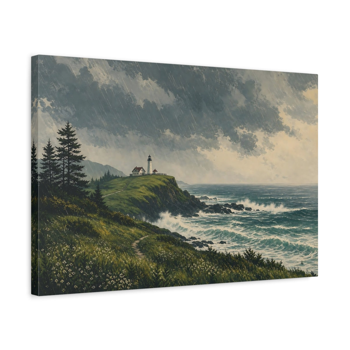 Side Mockup 3. Nature Coastal Landscape Stormy Coastal Blue shown as stretched canvas wall art