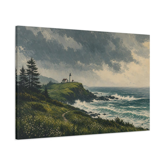 Main Mockup. Nature Coastal Landscape Stormy Coastal Blue shown as stretched canvas wall art