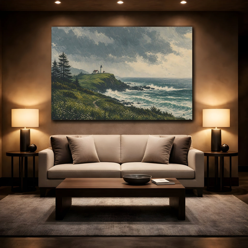 Mockup 2. Nature Coastal Landscape Stormy Coastal Blue shown as stretched canvas wall art