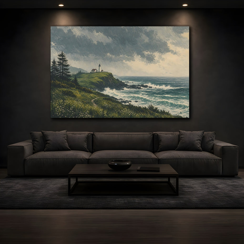 Mockup 3. Nature Coastal Landscape Stormy Coastal Blue shown as stretched canvas wall art