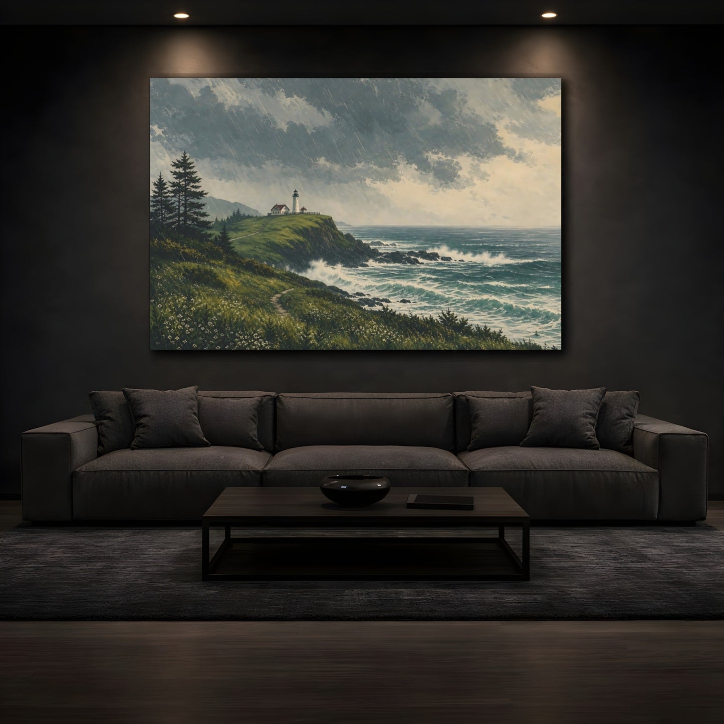 Mockup 3. Nature Coastal Landscape Stormy Coastal Blue shown as stretched canvas wall art