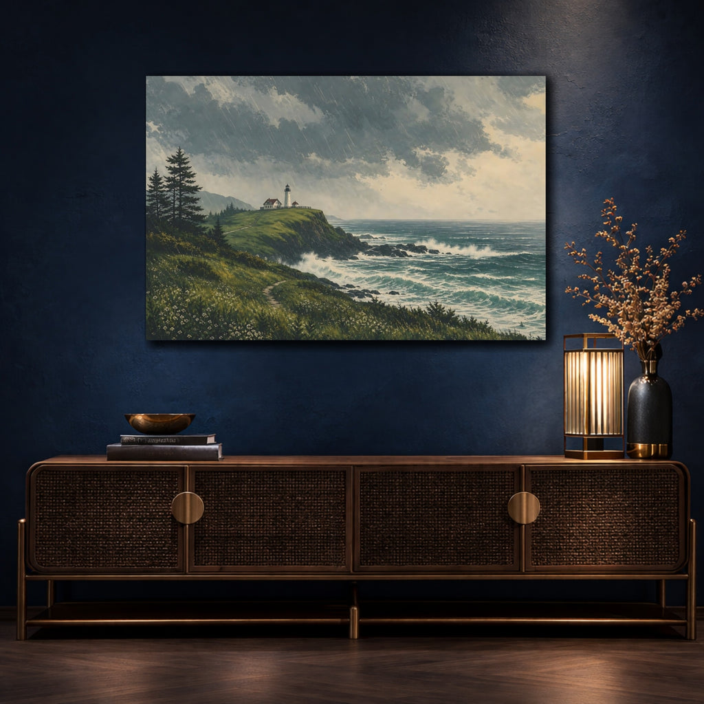 Mockup 4. Nature Coastal Landscape Stormy Coastal Blue shown as stretched canvas wall art