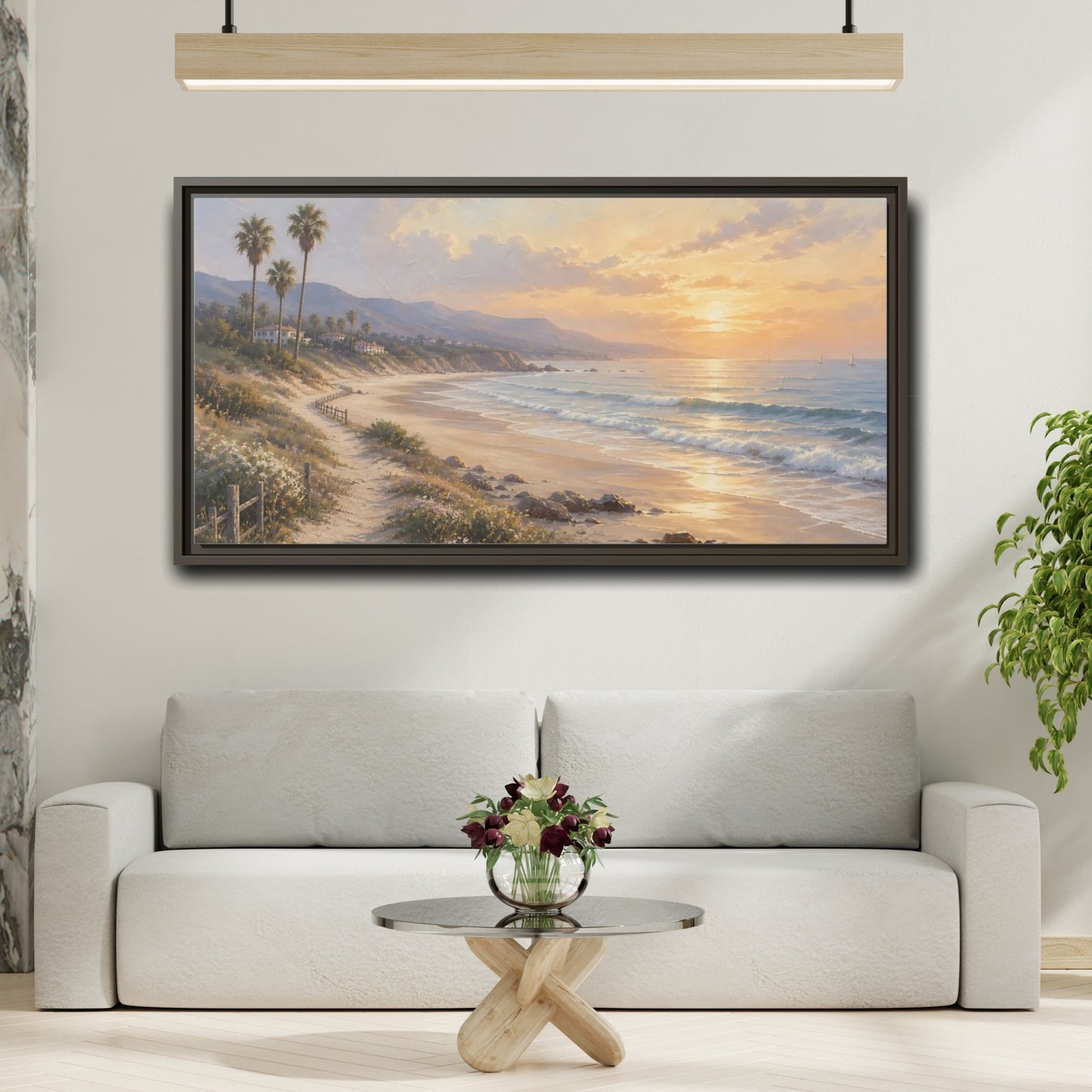 Mockup 2. Nature Coastal Landscape Warm Coastal Sunset shown as stretched canvas wall art