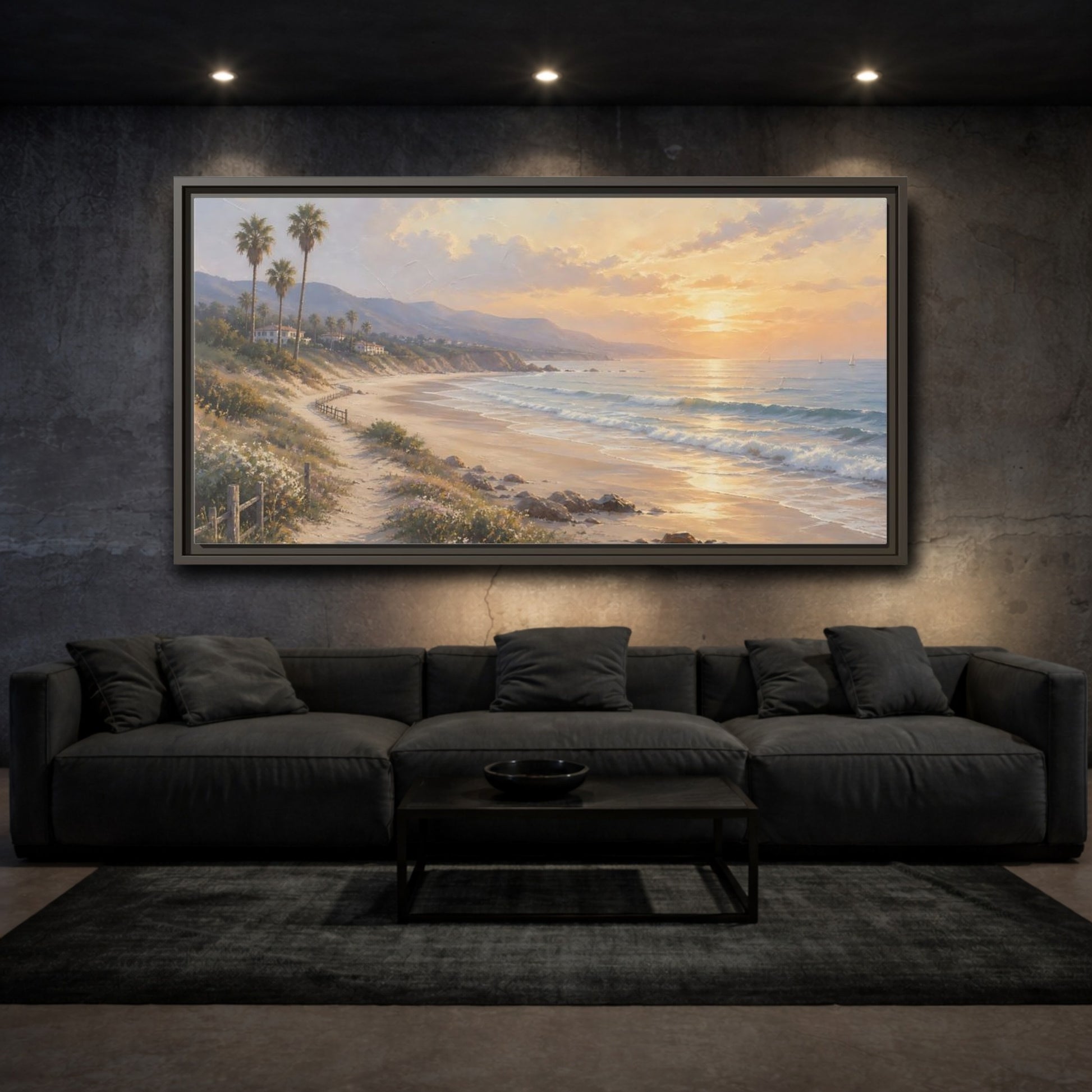 Mockup 3. Nature Coastal Landscape Warm Coastal Sunset shown as stretched canvas wall art