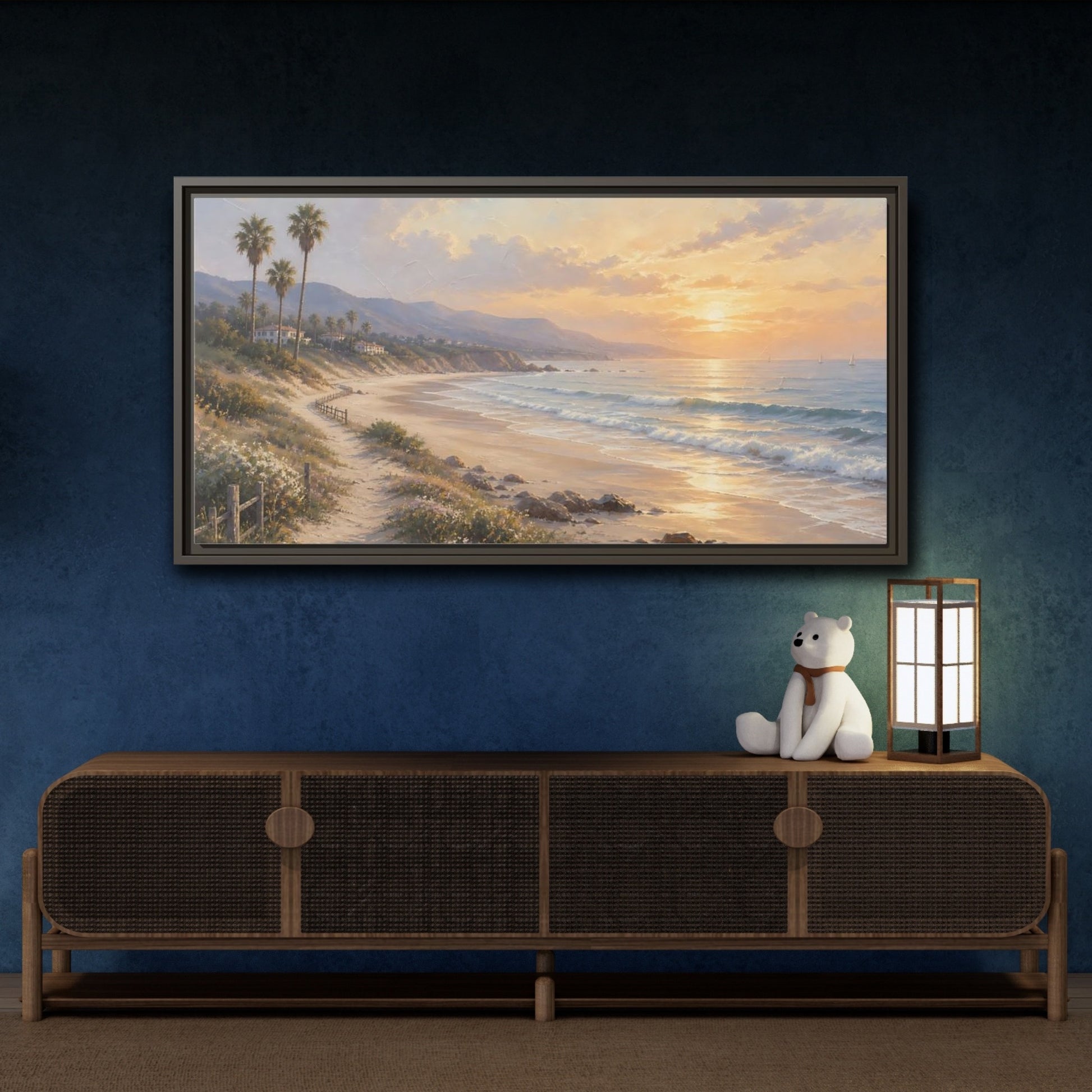 Mockup 4. Nature Coastal Landscape Warm Coastal Sunset shown as stretched canvas wall art