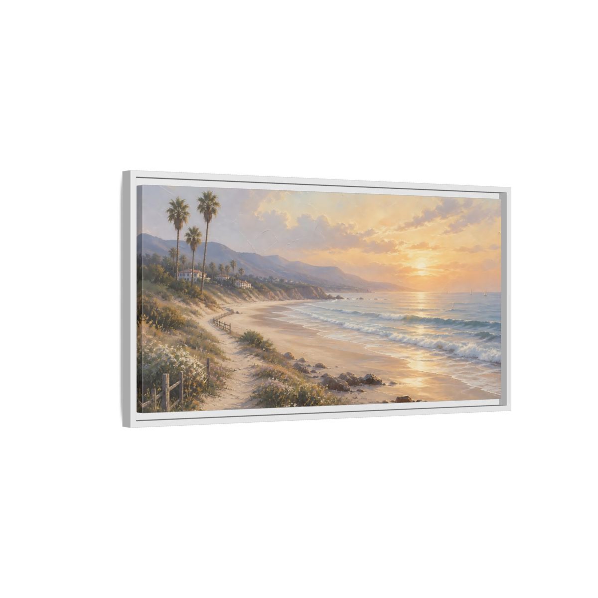 Side Mockup 1. Nature Coastal Landscape Warm Coastal Sunset shown as stretched canvas wall art