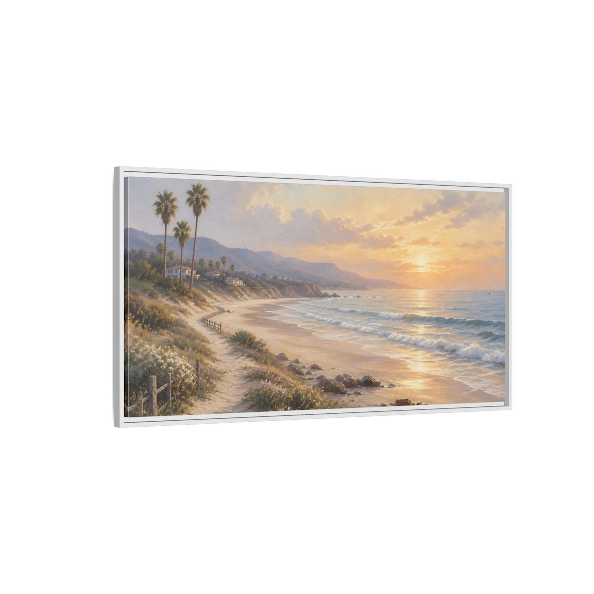Side Mockup 3. Nature Coastal Landscape Warm Coastal Sunset shown as stretched canvas wall art