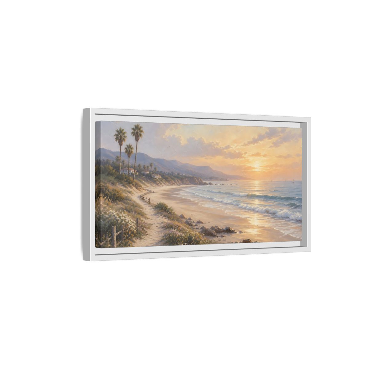 Side Mockup 6. Nature Coastal Landscape Warm Coastal Sunset shown as stretched canvas wall art