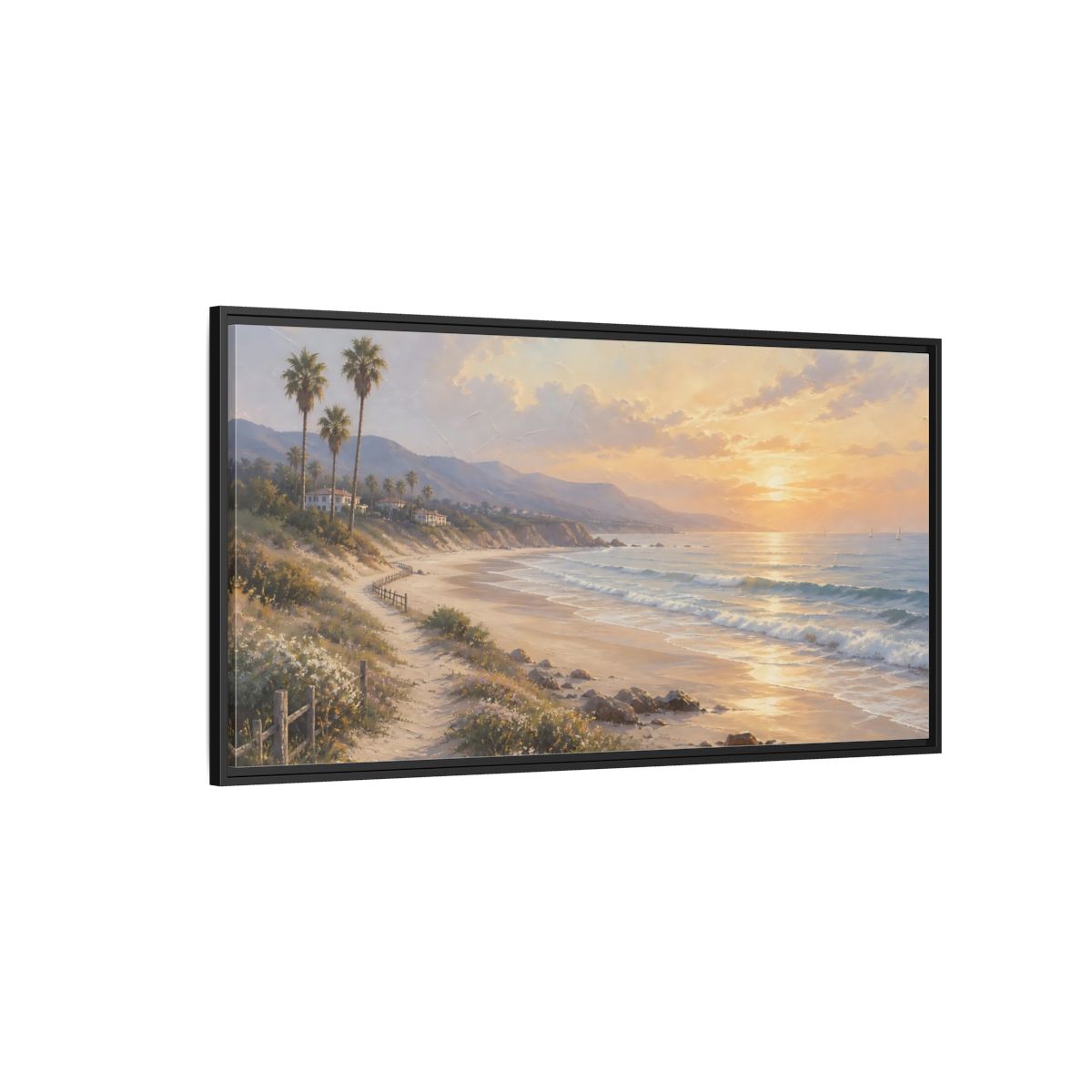 Side Mockup 5. Nature Coastal Landscape Warm Coastal Sunset shown as stretched canvas wall art