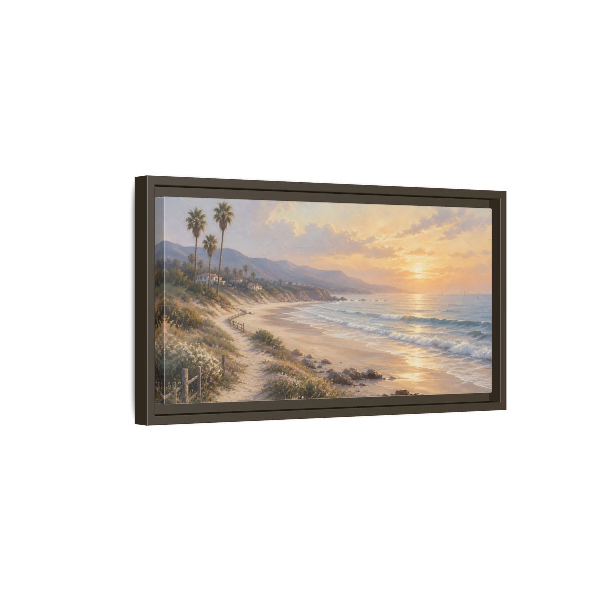 Side Mockup 7. Nature Coastal Landscape Warm Coastal Sunset shown as stretched canvas wall art