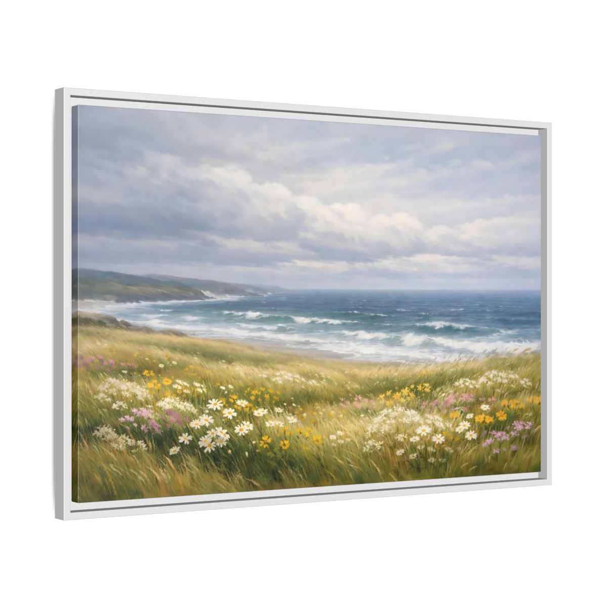Side Mockup 9. Nature Coastal Landscape Wildflower Coast shown as stretched canvas wall art