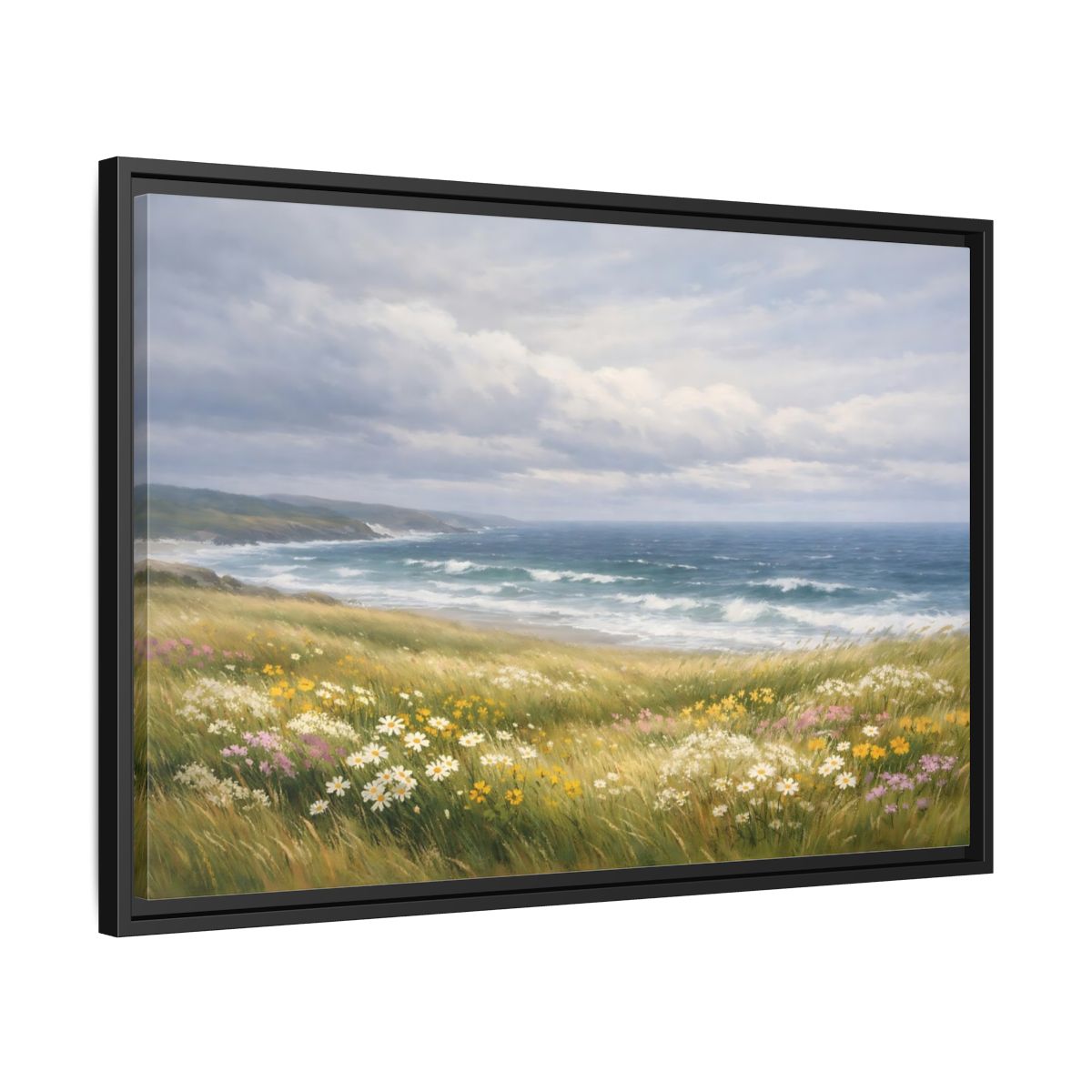 Side Mockup 14. Nature Coastal Landscape Wildflower Coast shown as stretched canvas wall art