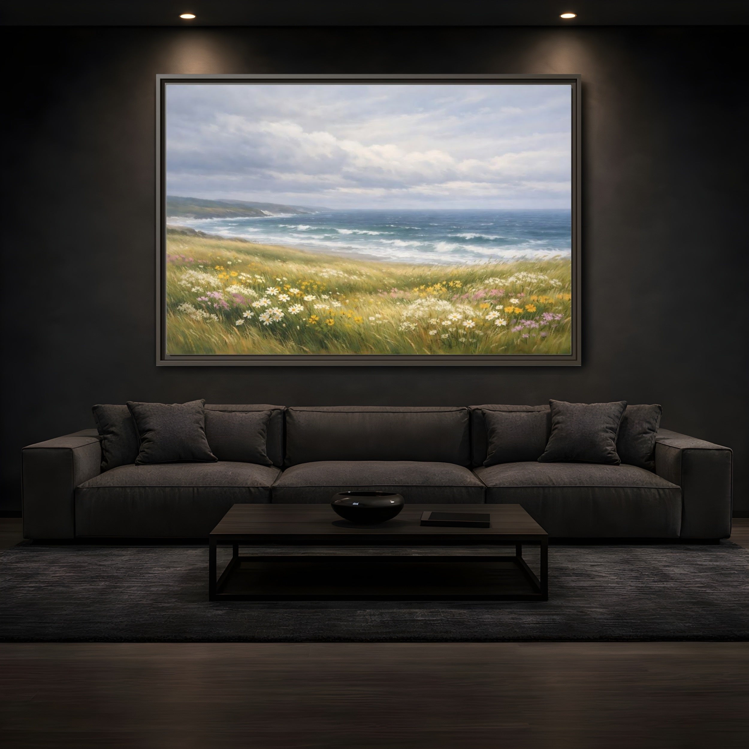 Mockup 3. Nature Coastal Landscape Wildflower Coast shown as stretched canvas wall art