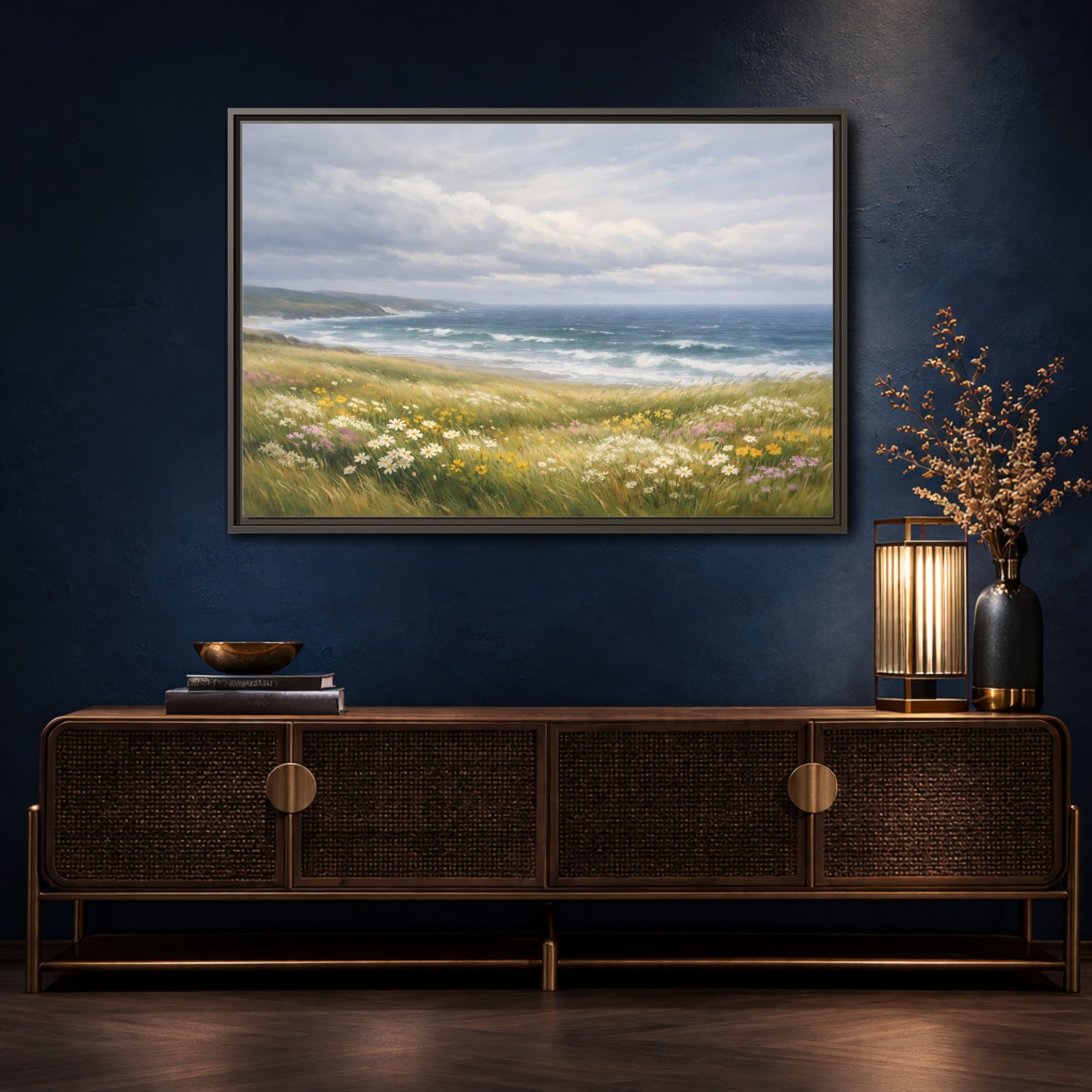 Mockup 4. Nature Coastal Landscape Wildflower Coast shown as stretched canvas wall art