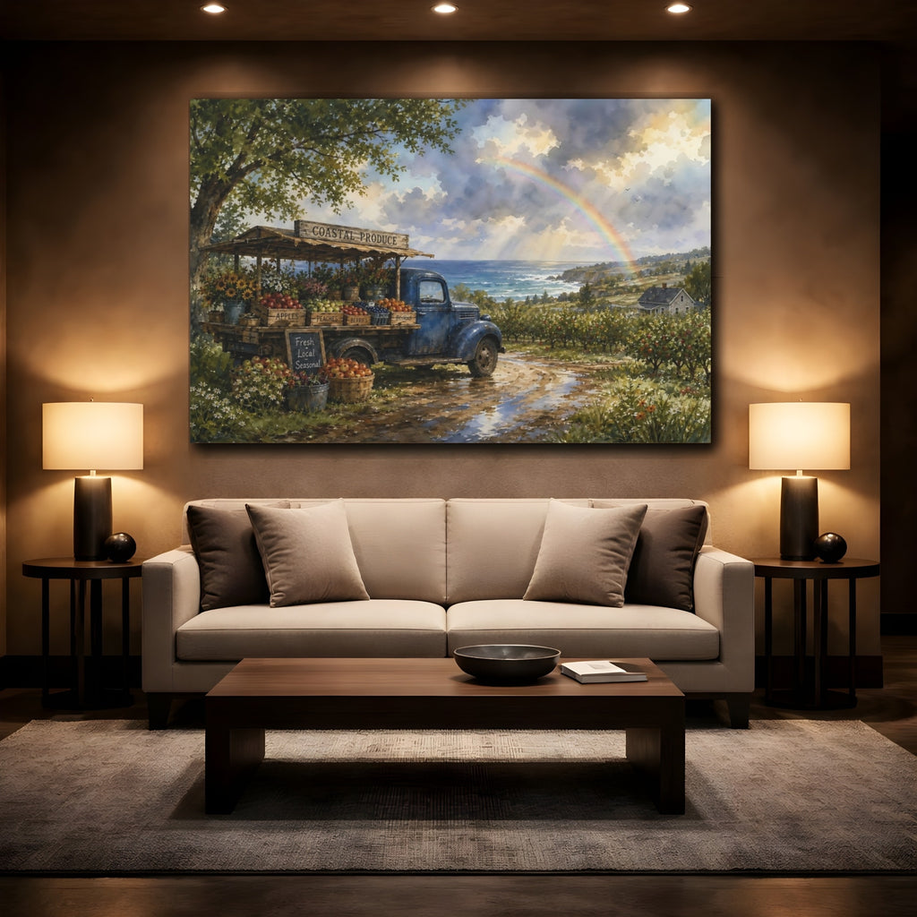Mockup 2. Nature Coastal Market Coastal Market Rainbow shown as stretched canvas wall art