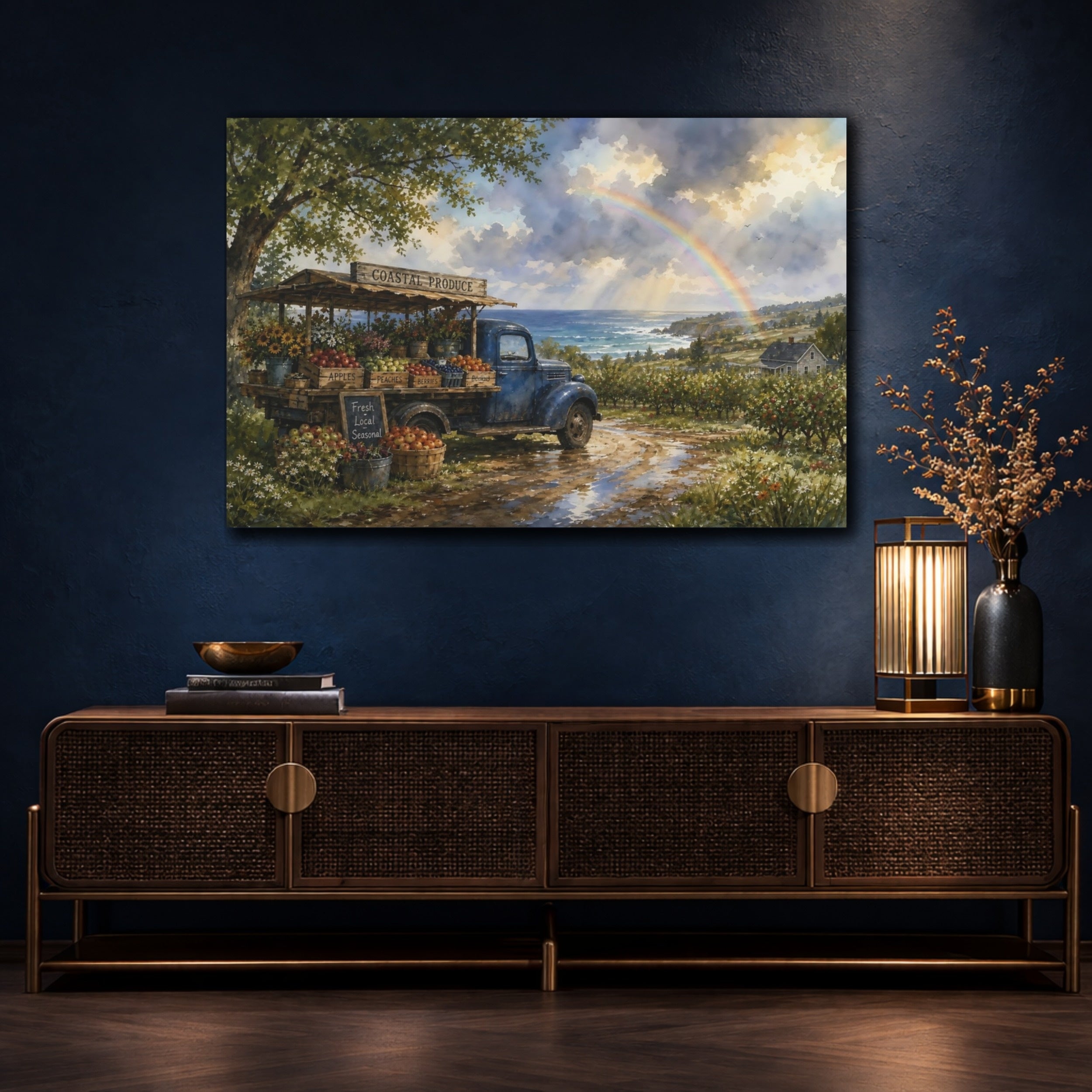 Mockup 4. Nature Coastal Market Coastal Market Rainbow shown as stretched canvas wall art