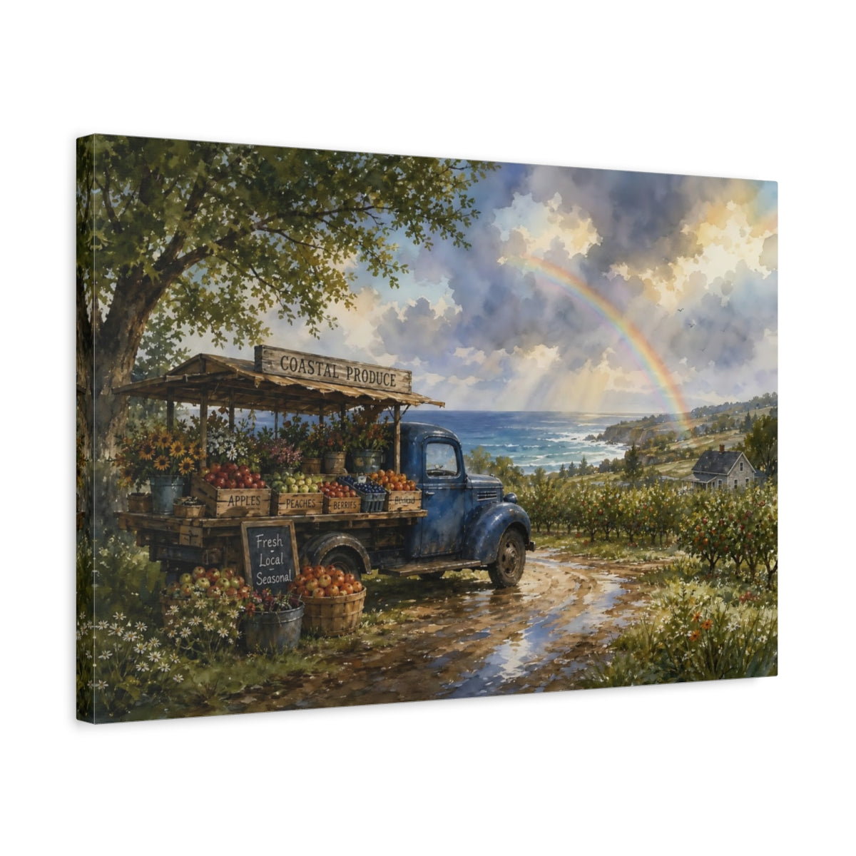 Side Mockup 3. Nature Coastal Market Coastal Market Rainbow shown as stretched canvas wall art