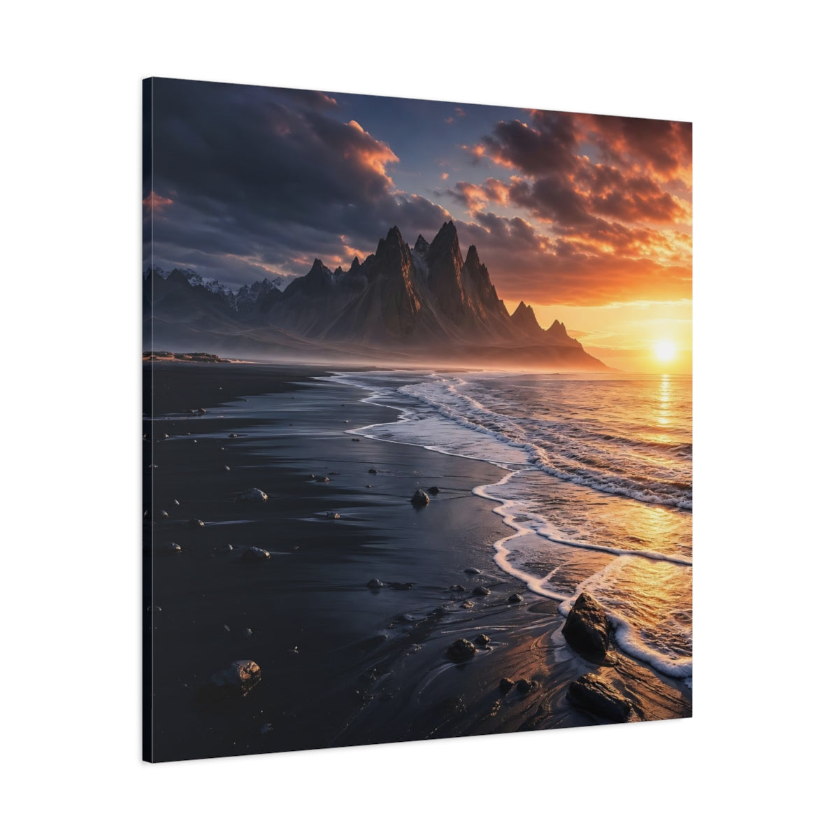 Side Mockup 1. Nature Coastal Mountains Sunset Coastal shown as stretched canvas wall art