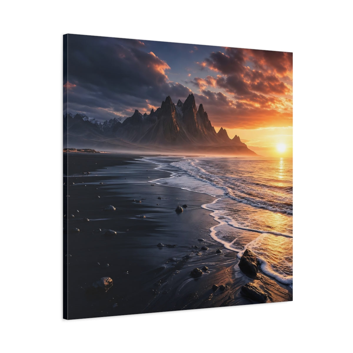 Main Mockup. Nature Coastal Mountains Sunset Coastal shown as stretched canvas wall art