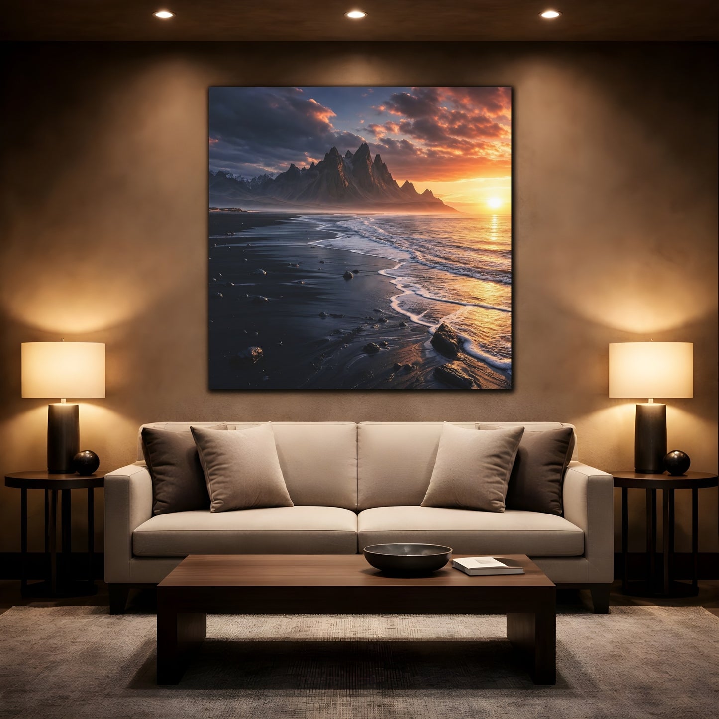 Mockup 2. Nature Coastal Mountains Sunset Coastal shown as stretched canvas wall art