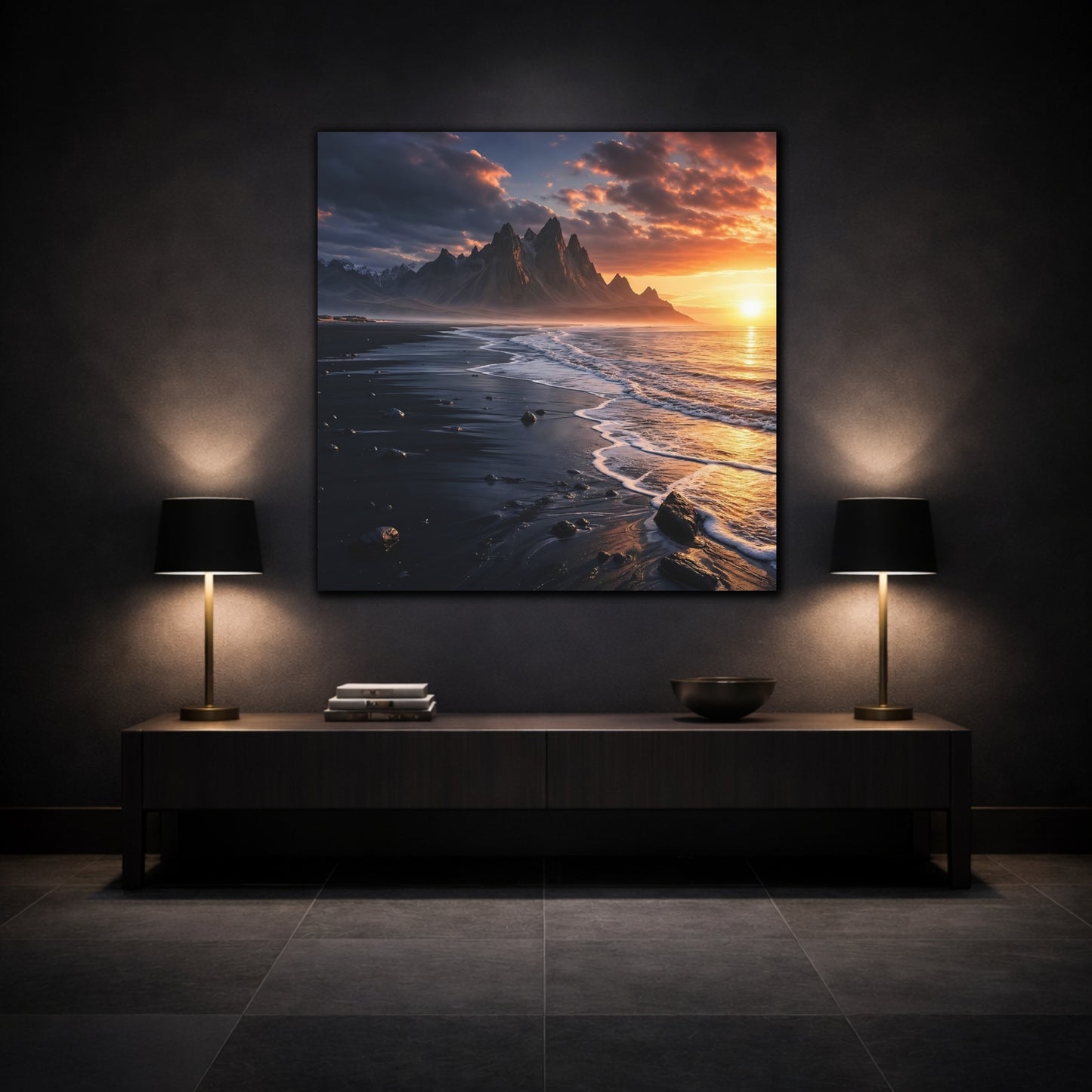 Mockup 3. Nature Coastal Mountains Sunset Coastal shown as stretched canvas wall art