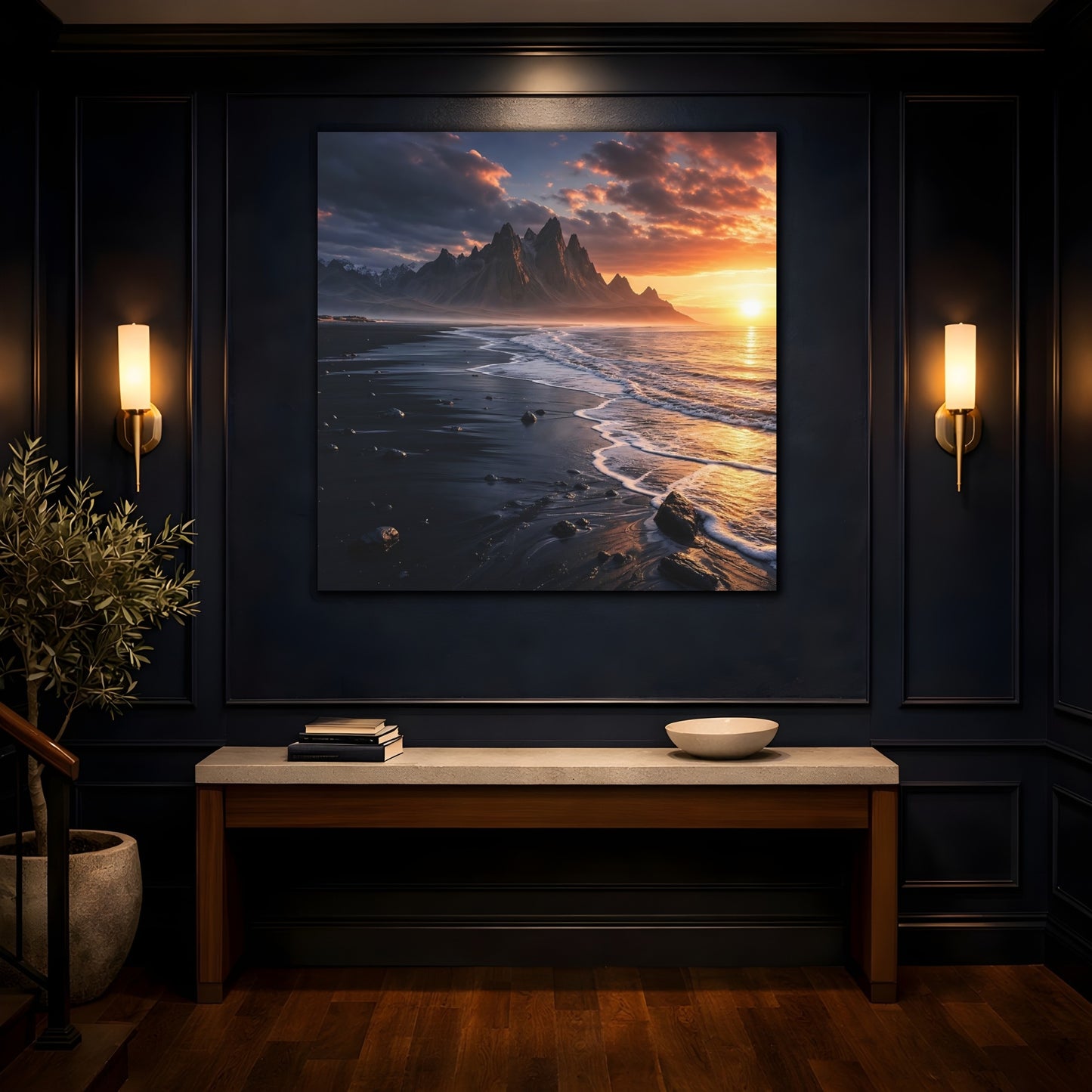 Mockup 4. Nature Coastal Mountains Sunset Coastal shown as stretched canvas wall art