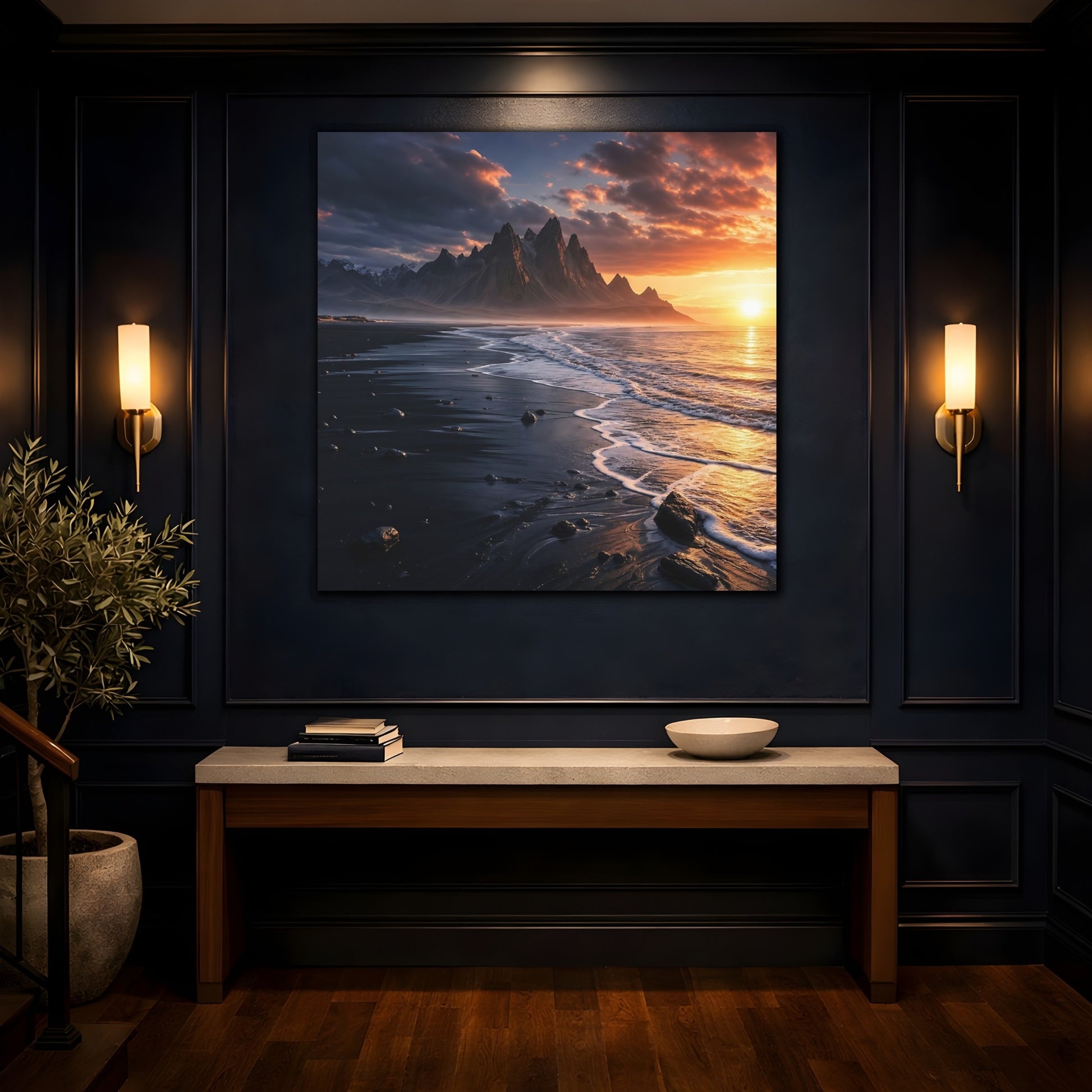 Mockup 4. Nature Coastal Mountains Sunset Coastal shown as stretched canvas wall art