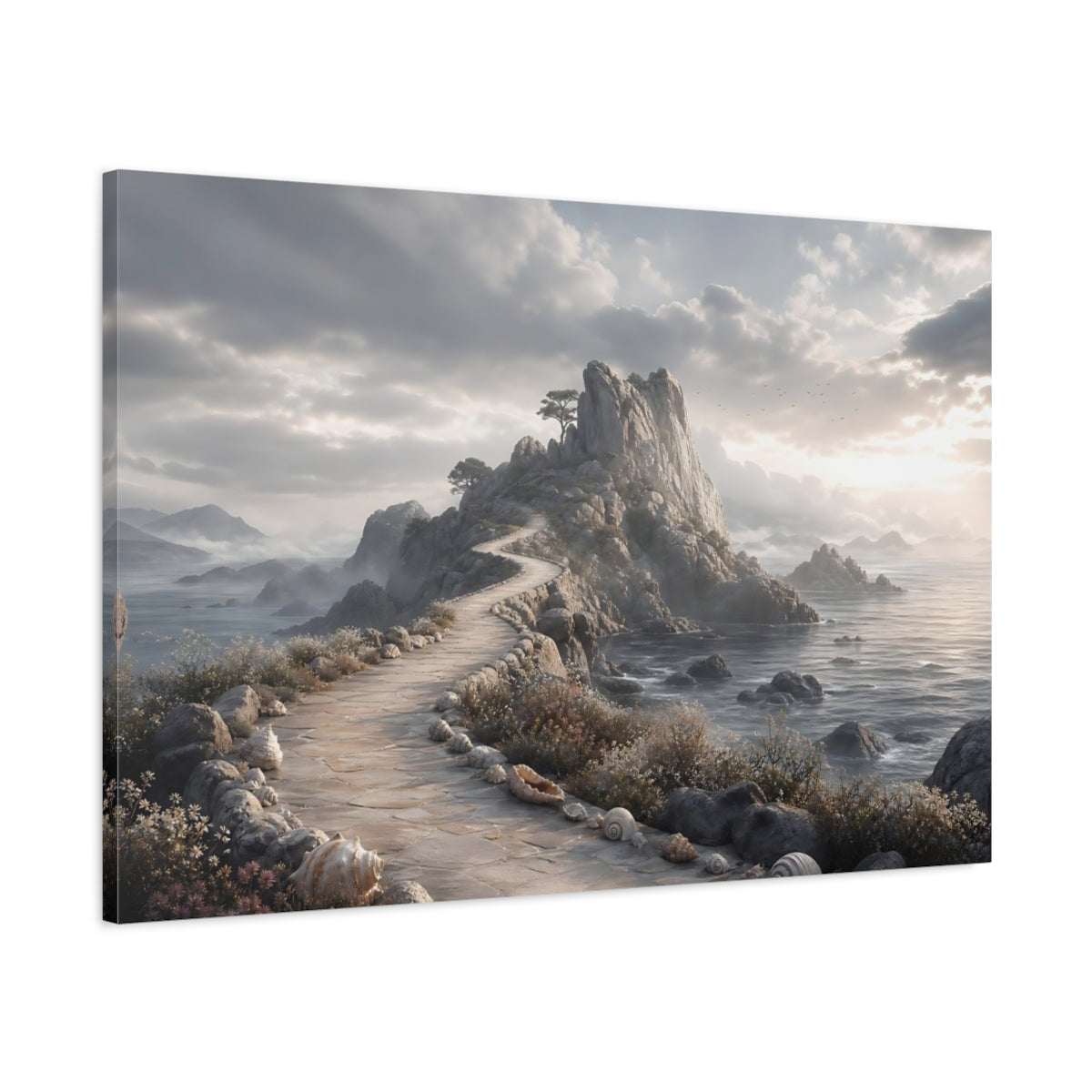 Main Mockup. Nature Coastal Path Grey And Tan shown as stretched canvas wall art