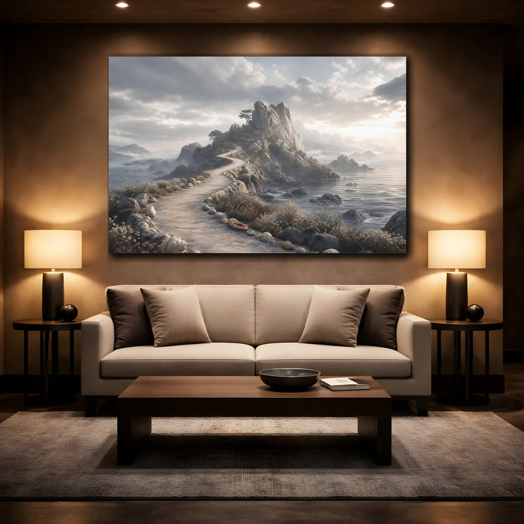 Mockup 2. Nature Coastal Path Grey And Tan shown as stretched canvas wall art