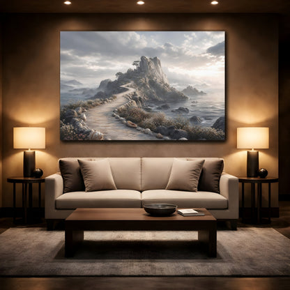 Mockup 2. Nature Coastal Path Grey And Tan shown as stretched canvas wall art