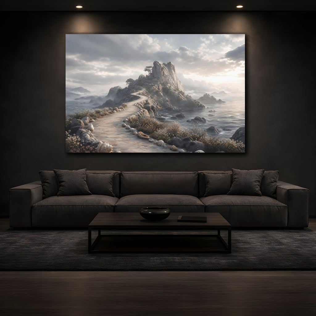 Mockup 3. Nature Coastal Path Grey And Tan shown as stretched canvas wall art