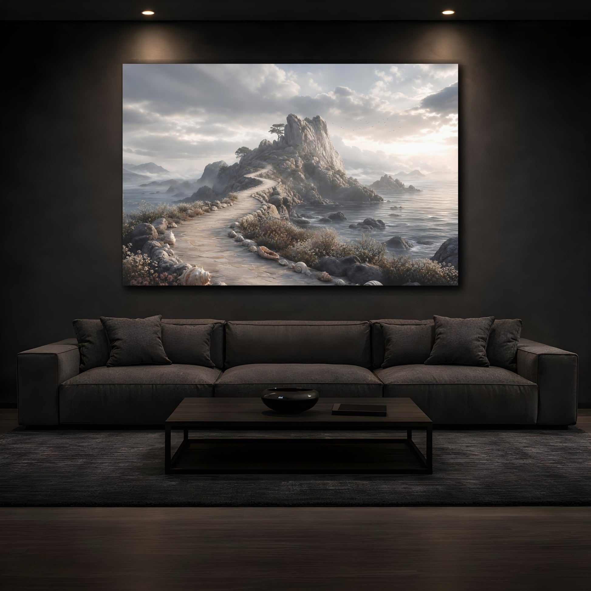 Mockup 3. Nature Coastal Path Grey And Tan shown as stretched canvas wall art