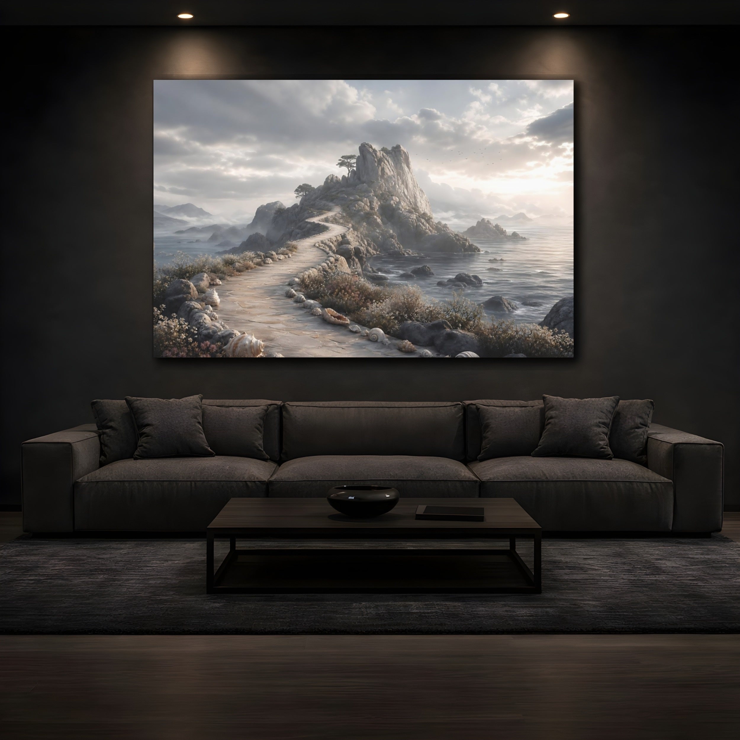 Mockup 3. Nature Coastal Path Grey And Tan shown as stretched canvas wall art