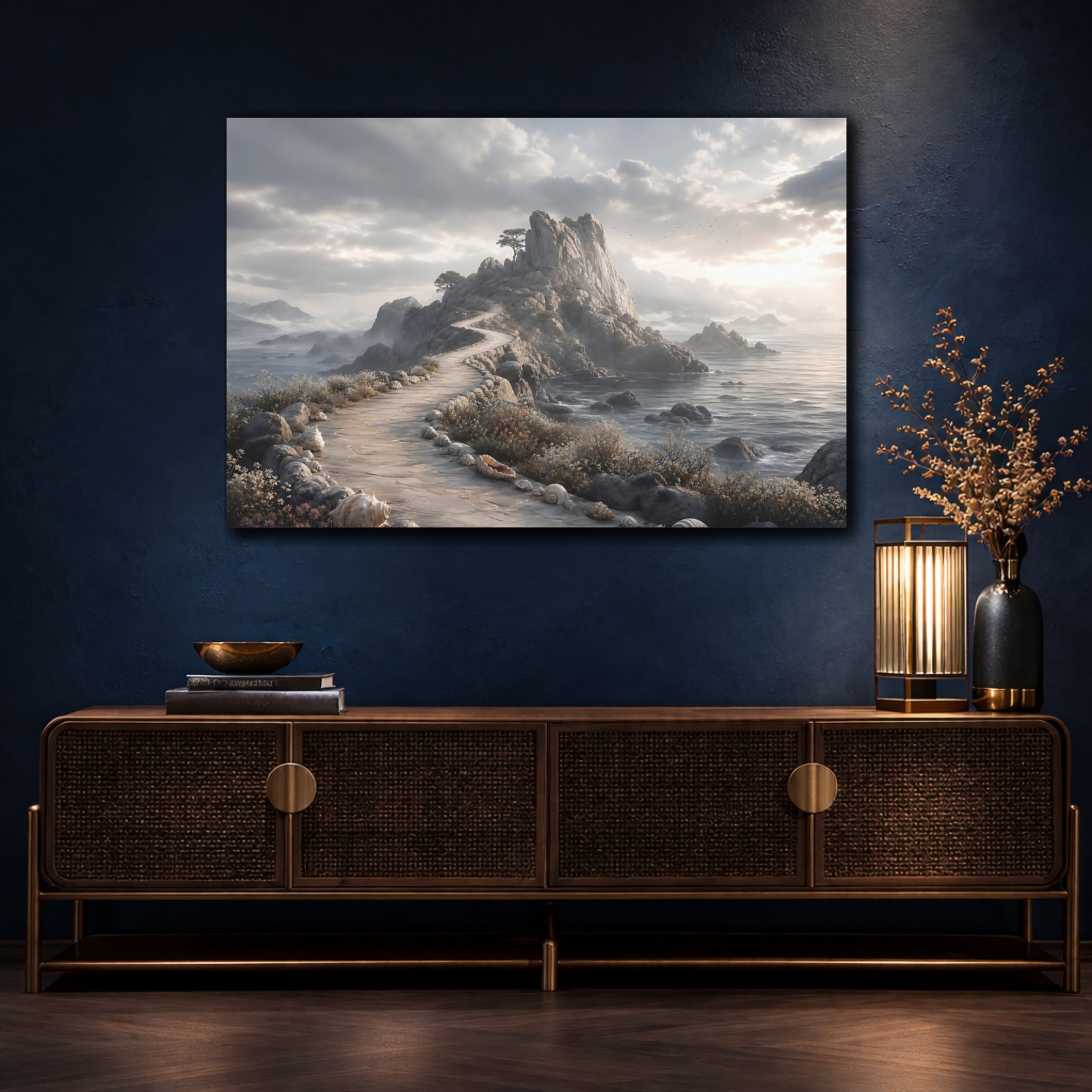 Mockup 4. Nature Coastal Path Grey And Tan shown as stretched canvas wall art