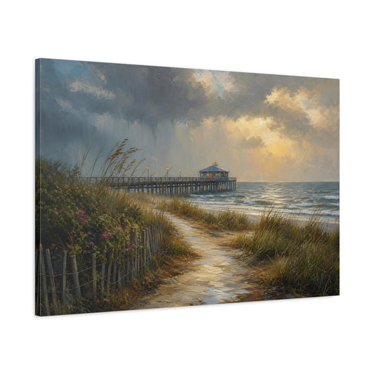 Main Mockup. Nature Coastal Pier Coastal Sunset shown as stretched canvas wall art