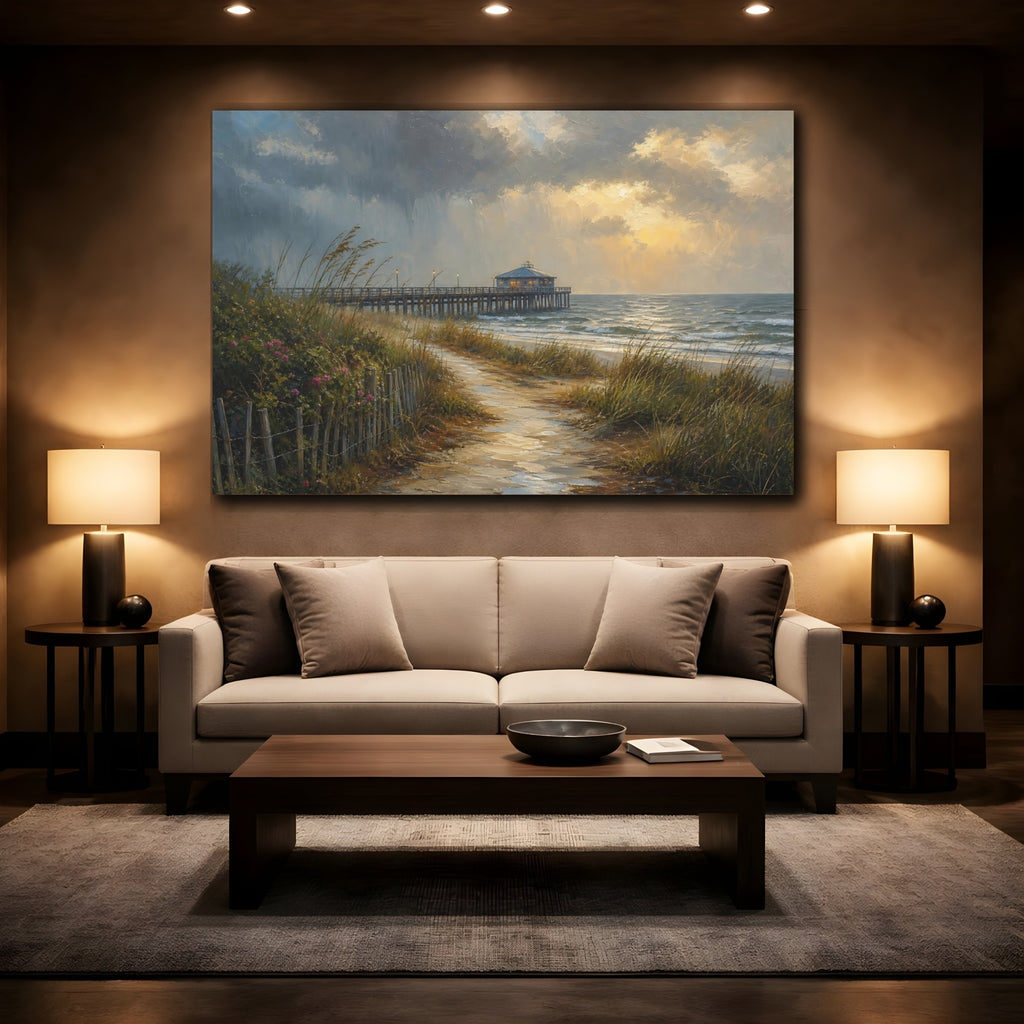 Mockup 2. Nature Coastal Pier Coastal Sunset shown as stretched canvas wall art