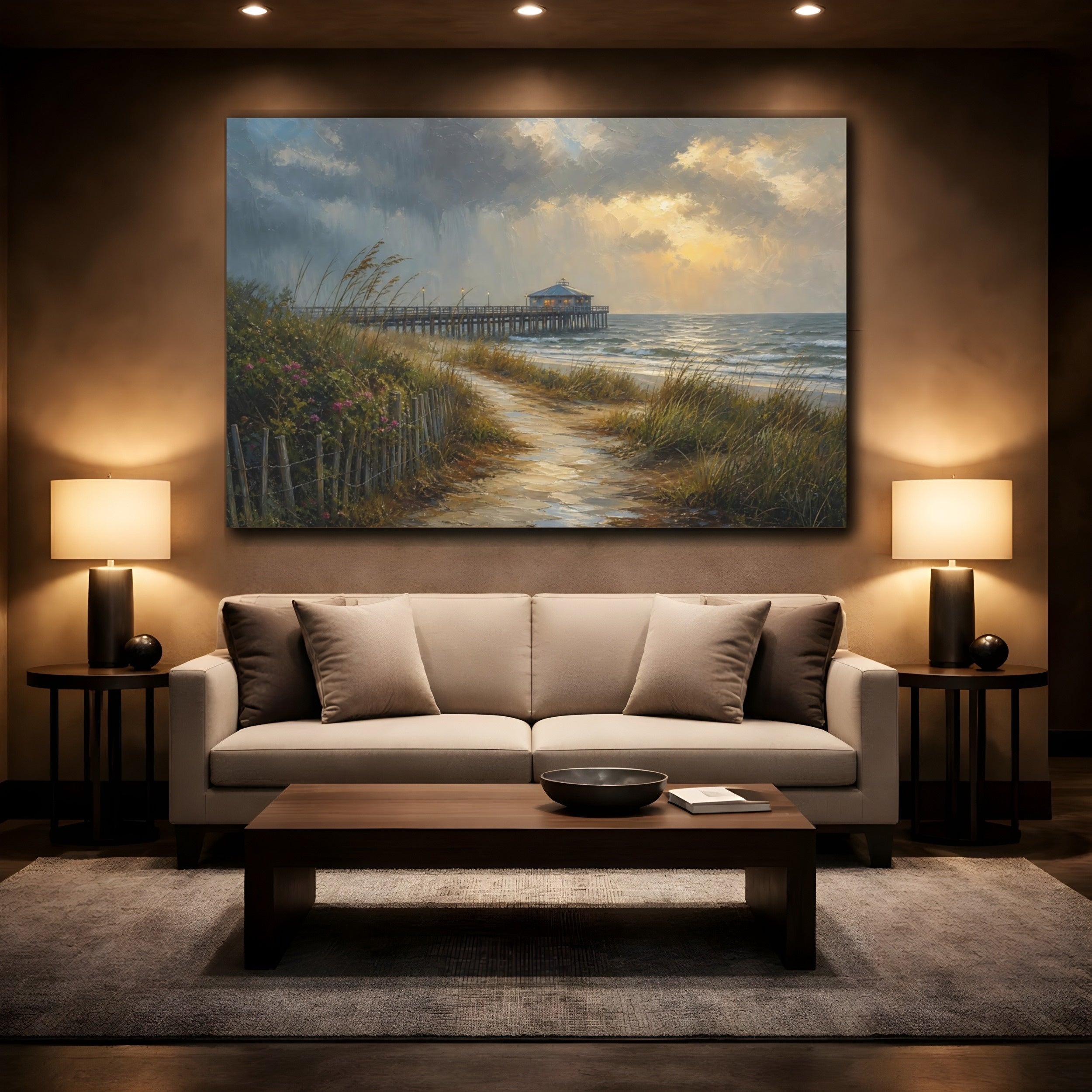 Mockup 2. Nature Coastal Pier Coastal Sunset shown as stretched canvas wall art