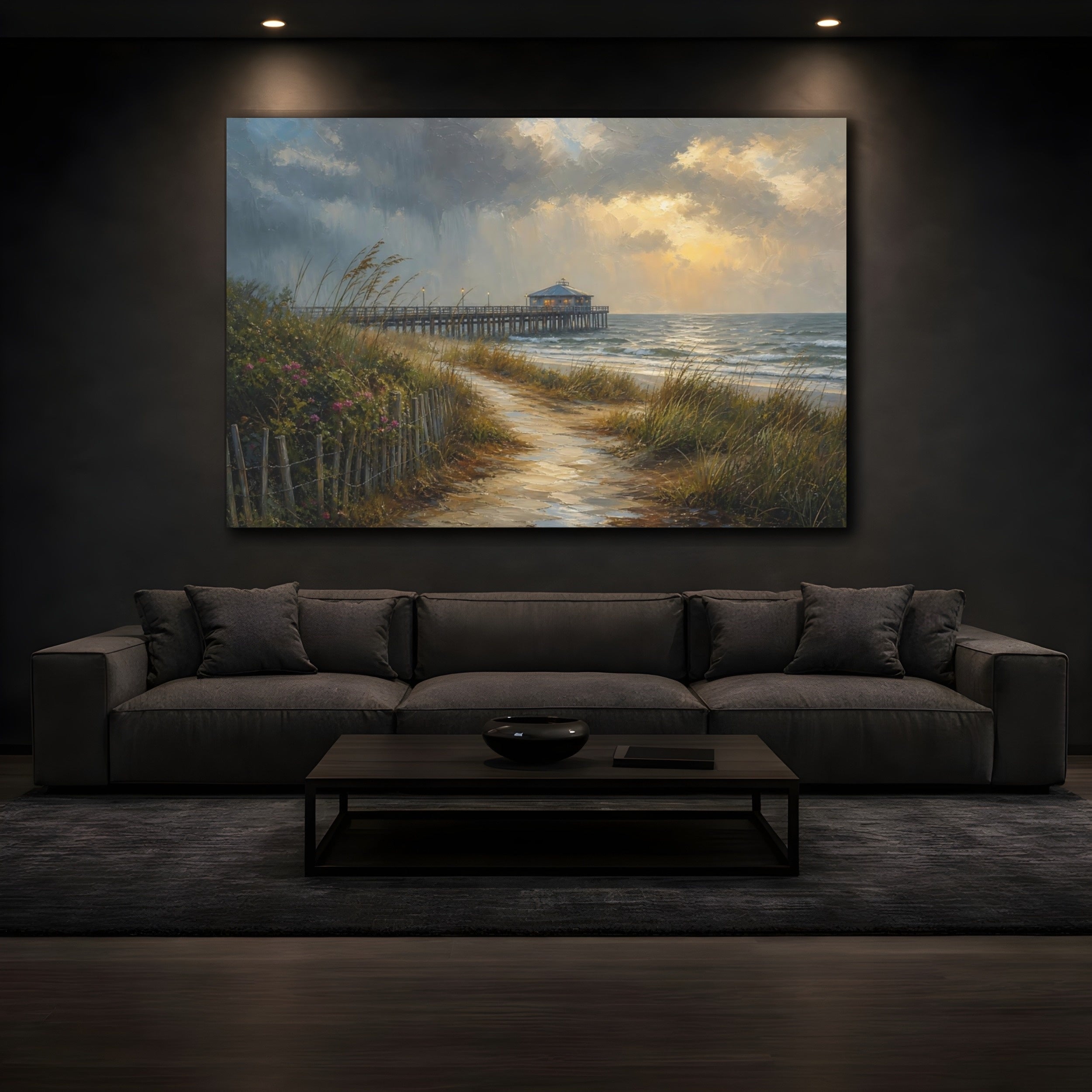 Mockup 3. Nature Coastal Pier Coastal Sunset shown as stretched canvas wall art
