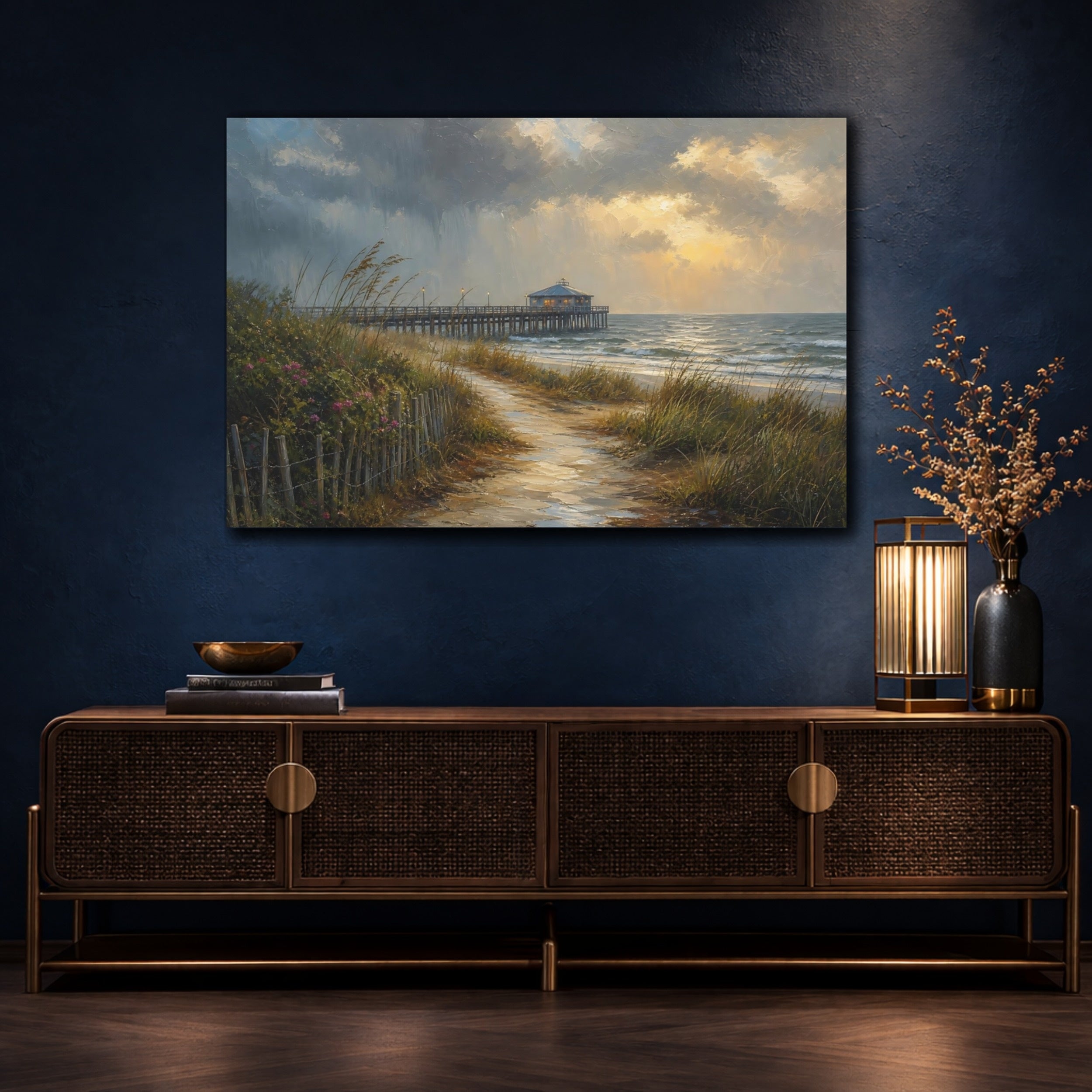 Mockup 4. Nature Coastal Pier Coastal Sunset shown as stretched canvas wall art